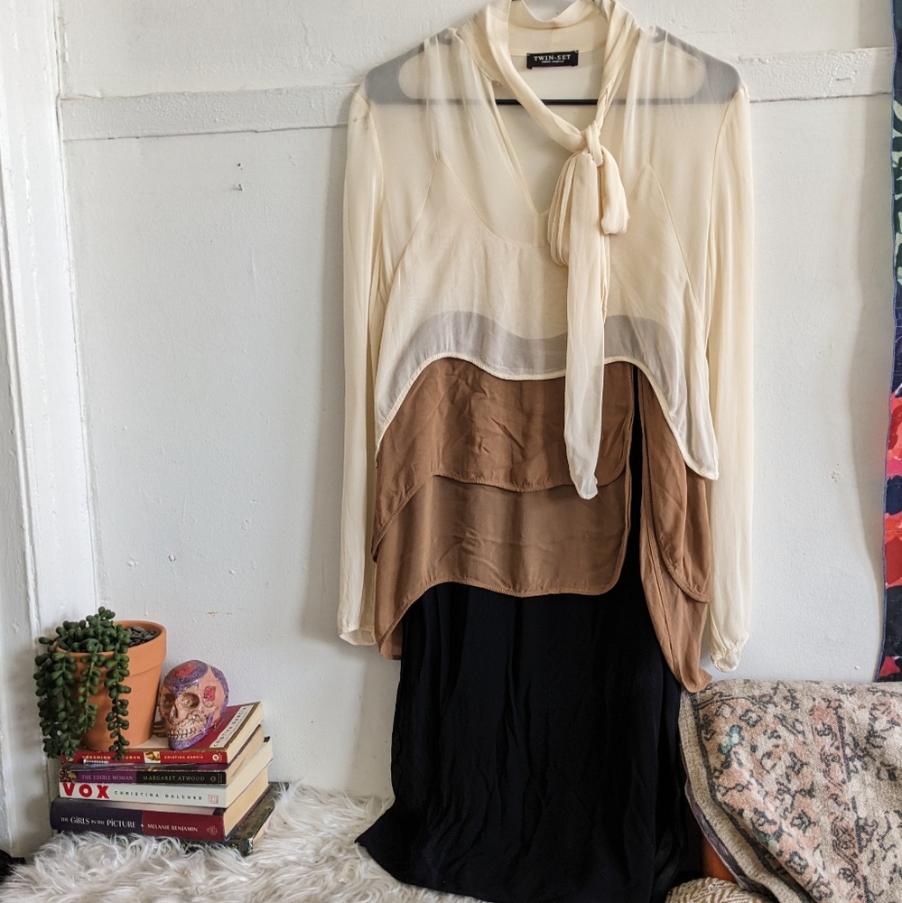 Twin-set Colorblock Tiered Ruffle Neck Tie Bow Long Sleeve Georgette Dress XS